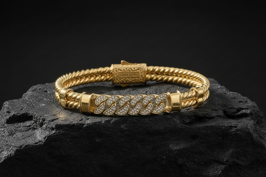 RARE PRINCE by CARAT SUTRA | Exclusive Iced Cuban Links Twined Bangle Bracelet for Men, 925 Sterling Silver 22kt Micron Gold Plated Bracelet| With Certificate of Authenticity and 925 Hallmark - caratsutra