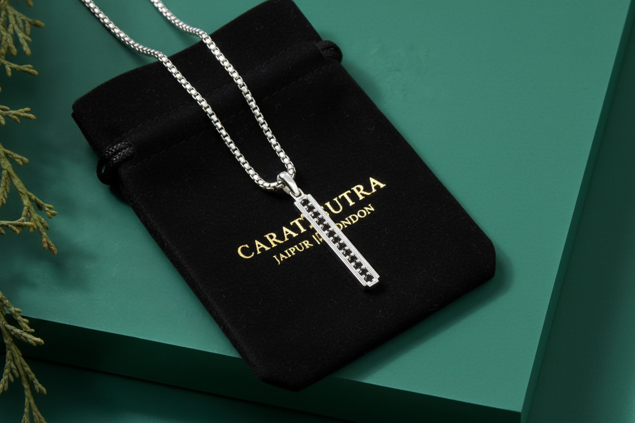 RARE PRINCE by CARAT SUTRA | Unique Designed Line Pendant Studded with Black Zircons | 925 Sterling Silver Pendant | Men's Jewelry | With Certificate of Authenticity and 925 Hallmark - caratsutra
