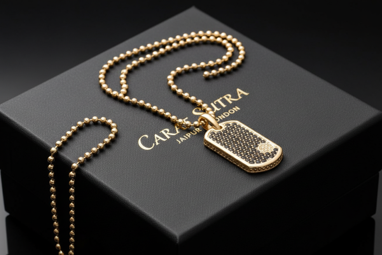 RARE PRINCE by CARAT SUTRA | Unique Designed Paved Tag Pendant Studded with Black Zircons | 22kt Gold Micron Plated 925 Sterling Silver Pendant | Men's Jewelry | With Certificate of Authenticity and 925 Hallmark - caratsutra