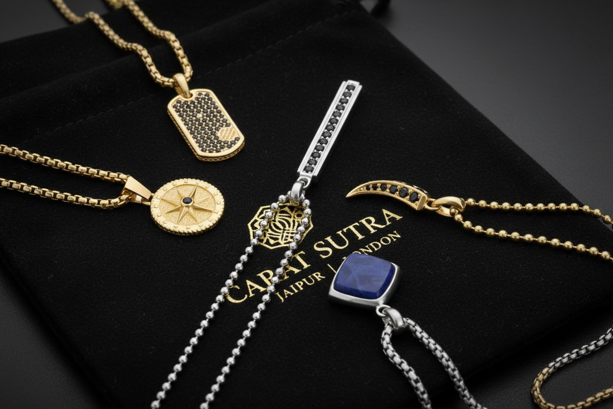 RARE PRINCE by CARAT SUTRA | Unique Designed Line Pendant Studded with Black Zircons | 925 Sterling Silver Pendant | Men's Jewelry | With Certificate of Authenticity and 925 Hallmark - caratsutra