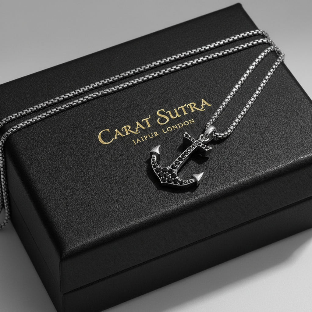 RARE PRINCE by CARAT SUTRA | Unique Designed Sailor's Anchor Pendant Studded with Black Zircons for Men, 925 Sterling Silver Pendant | Men's Jewelry | With Certificate of Authenticity and 925 Hallmark - caratsutra