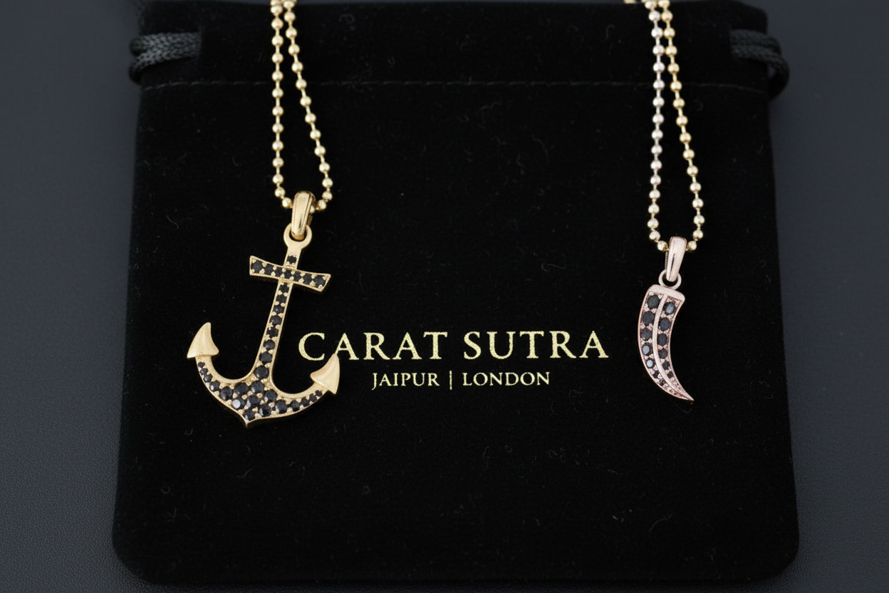 RARE PRINCE by CARAT SUTRA | Unique Designed Sailor's Anchor Pendant Studded with Black Zircons for Men, 925 Sterling Silver Pendant | Men's Jewelry | With Certificate of Authenticity and 925 Hallmark - caratsutra