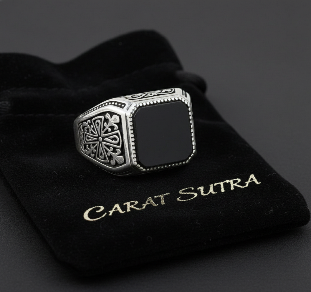 RARE PRINCE by CARAT SUTRA | Unique Turkish Style Ring with Natural Black Onyx | 925 Sterling Silver Oxidized Ring | Men's Jewelry | With Certificate of Authenticity and 925 Hallmark