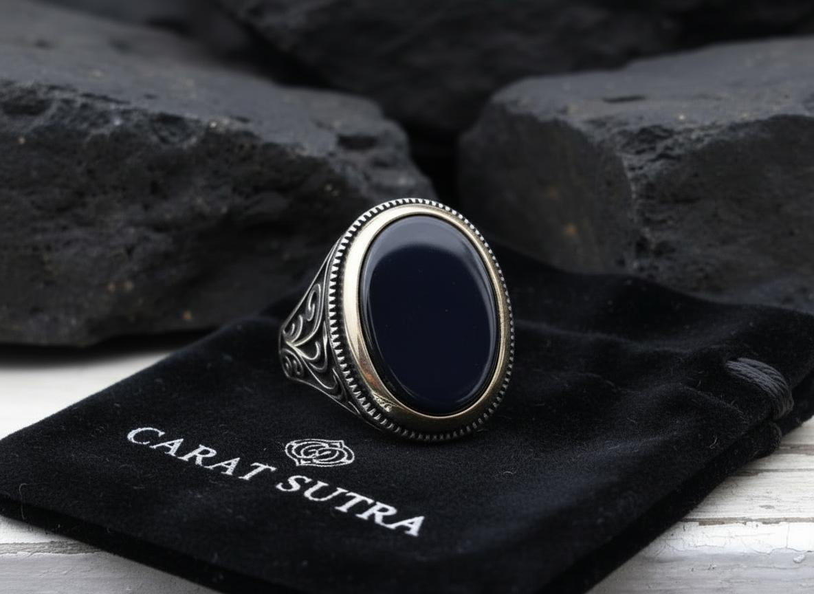 RARE PRINCE by CARAT SUTRA | Unique Turkish Style Ring with Natural Black Onyx  | 925 Sterling Silver Oxidized Ring | Men's Jewelry | With Certificate of Authenticity and 925 Hallmark