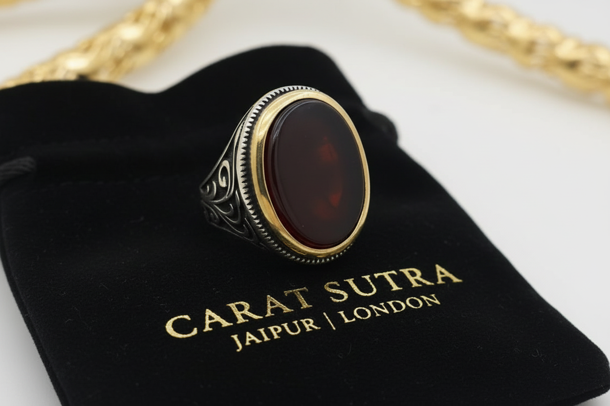 RARE PRINCE by CARAT SUTRA | Unique Turkish Style Ring with Natural Red Agate  | 925 Sterling Silver Oxidized Ring | Men's Jewelry | With Certificate of Authenticity and 925 Hallmark - caratsutra