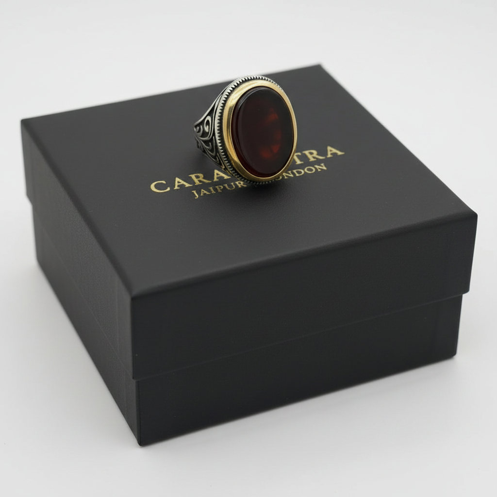 RARE PRINCE by CARAT SUTRA | Unique Turkish Style Ring with Natural Red Agate  | 925 Sterling Silver Oxidized Ring | Men's Jewelry | With Certificate of Authenticity and 925 Hallmark - caratsutra