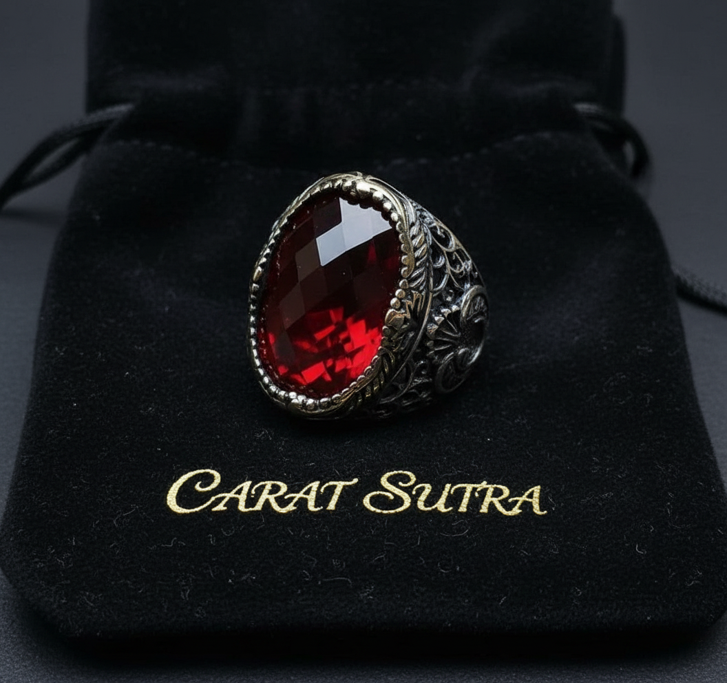 RARE PRINCE by CARAT SUTRA | Unique Turkish Style Ring with Faceted Red Zircon | 925 Sterling Silver Oxidized Ring | Men's Jewelry | With Certificate of Authenticity and 925 Hallmark