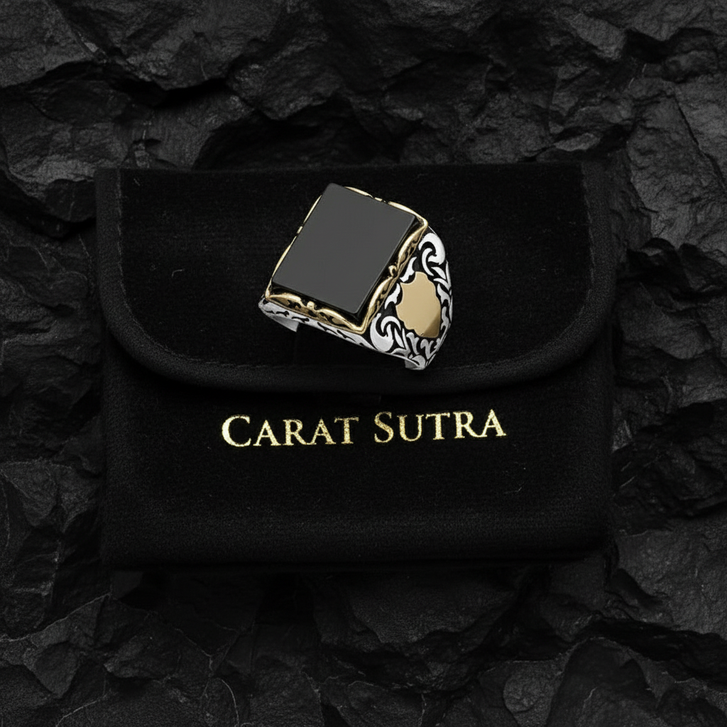 RARE PRINCE by CARAT SUTRA | Unique Turkish Style Ring with Natural Black Onyx for Men, Oxidized Sterling Silver 925 Ring | Jewellery for Men| With Certificate of Authenticity and 925 Hallmark