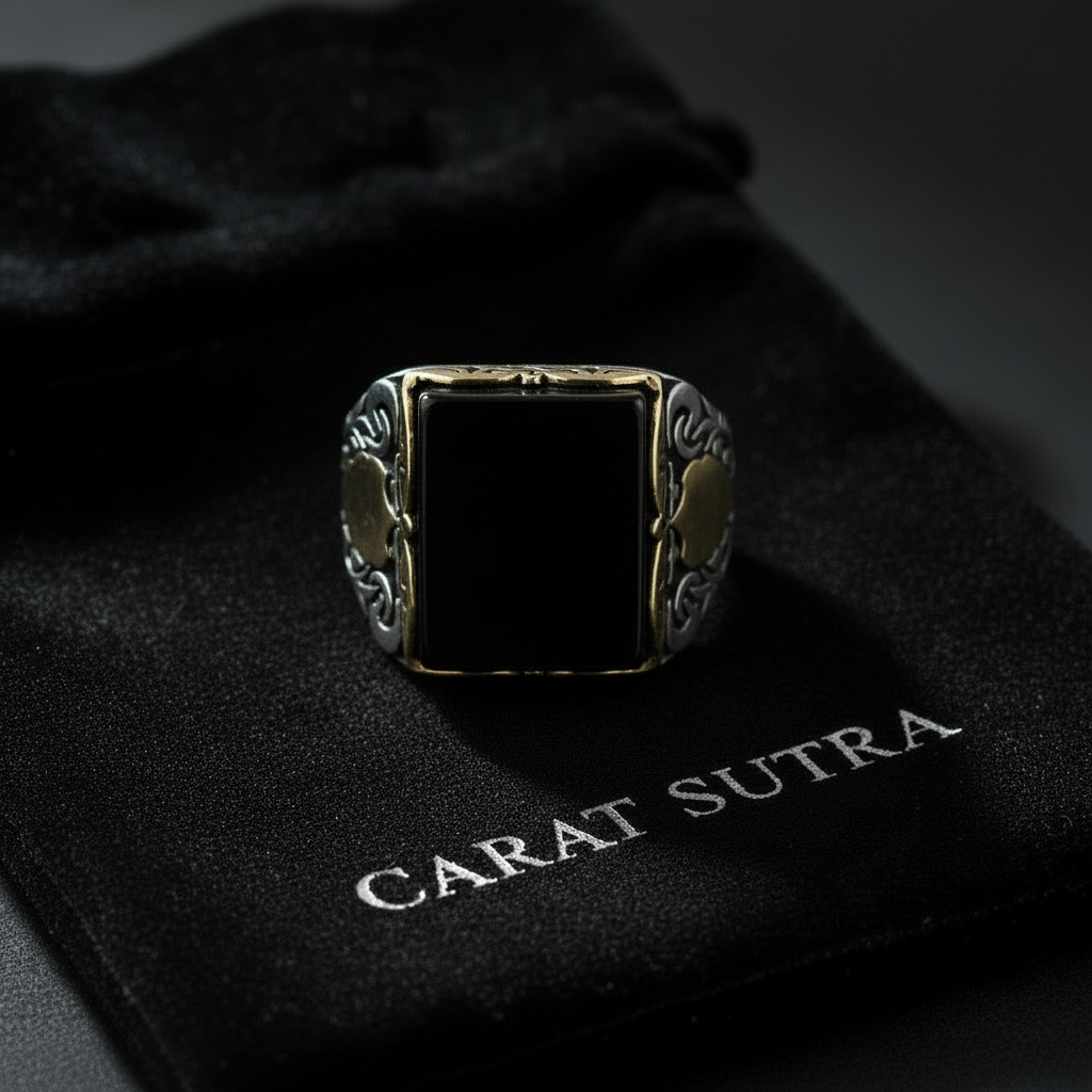 RARE PRINCE by CARAT SUTRA | Unique Turkish Style Ring with Natural Black Onyx for Men, Oxidized Sterling Silver 925 Ring | Jewellery for Men| With Certificate of Authenticity and 925 Hallmark