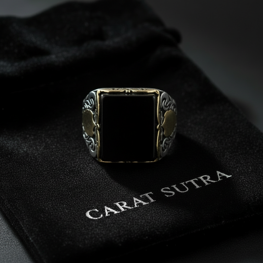 RARE PRINCE by CARAT SUTRA | Unique Turkish Style Ring with Natural Black Onyx for Men, Oxidized Sterling Silver 925 Ring | Jewellery for Men| With Certificate of Authenticity and 925 Hallmark