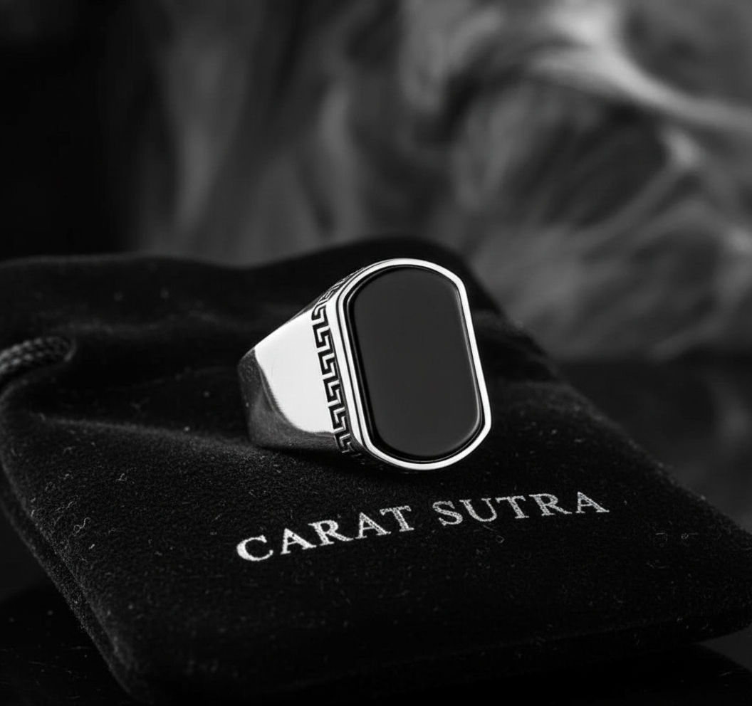 RARE PRINCE by CARAT SUTRA | Unique Turkish Style Personalized Name Initial Ring with Natural Black Onyx | 925 Sterling Silver Oxidized Ring | Men's Jewelry | With Certificate of Authenticity and 925 Hallmark