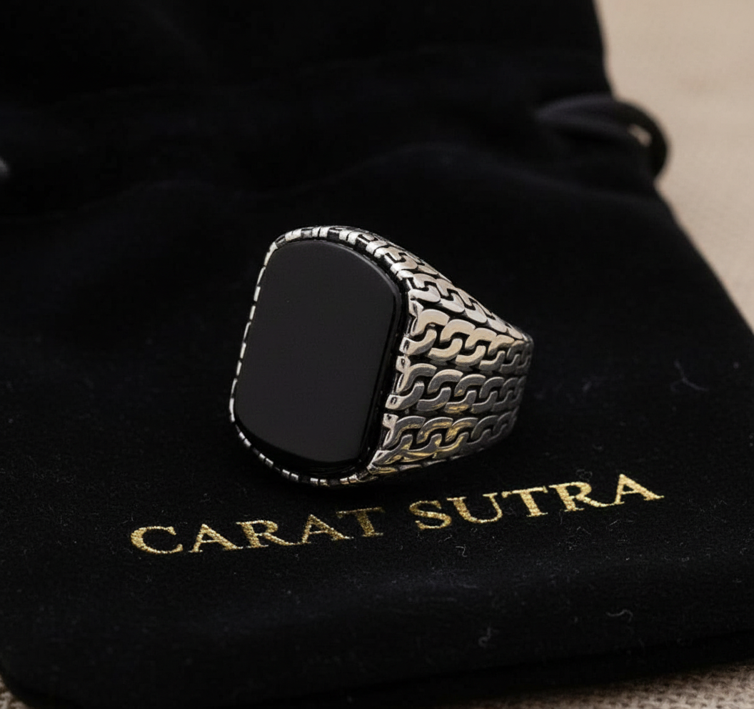 RARE PRINCE by CARAT SUTRA | Unique Turkish Gucci Style Ring with Natural Black Onyx | 925 Sterling Silver Oxidized Ring | Men's Jewelry | With Certificate of Authenticity and 925 Hallmark