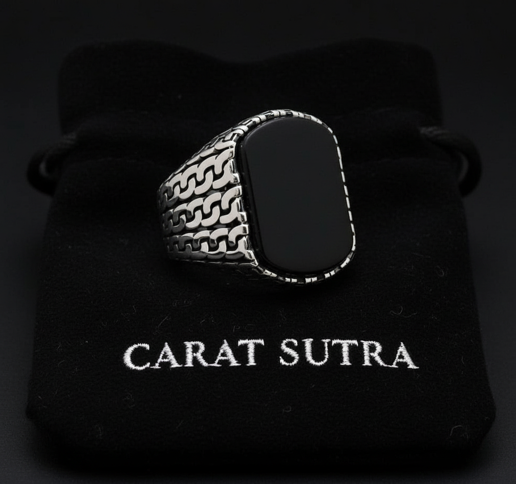 RARE PRINCE by CARAT SUTRA | Unique Turkish Gucci Style Ring with Natural Black Onyx | 925 Sterling Silver Oxidized Ring | Men's Jewelry | With Certificate of Authenticity and 925 Hallmark