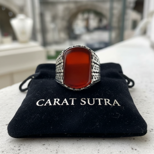 RARE PRINCE by CARAT SUTRA | Unique Turkish Gucci Style Ring with Natural Red Agate | 925 Sterling Silver Oxidized Ring | Men's Jewelry | With Certificate of Authenticity and 925 Hallmark