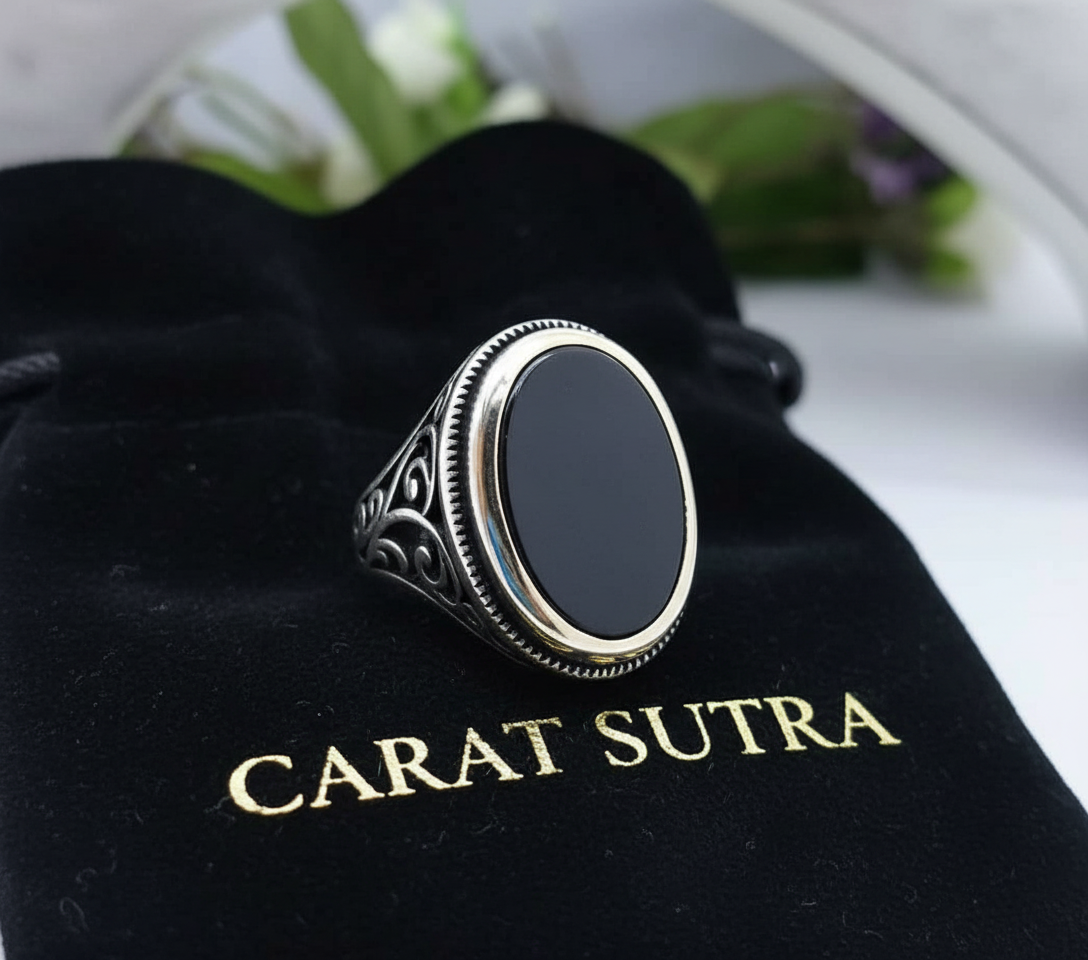 RARE PRINCE by CARAT SUTRA | Unique Turkish Style Ring with Natural Black Onyx  | 925 Sterling Silver Oxidized Ring | Men's Jewelry | With Certificate of Authenticity and 925 Hallmark