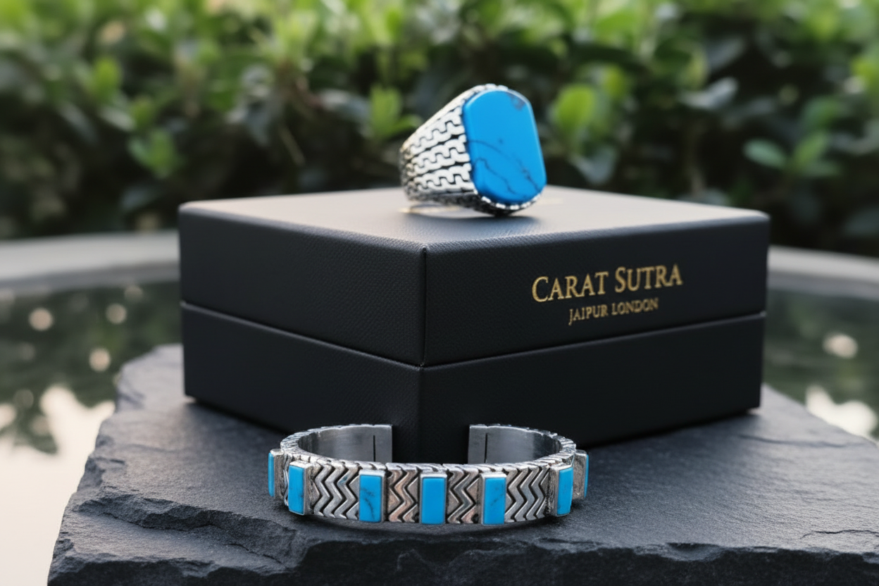 RARE PRINCE by CARAT SUTRA | Unique Turkish Gucci Style Ring with Natural Irani Turquoise (Firoza) | 925 Sterling Silver Oxidized Ring | Men's Jewelry | With Certificate of Authenticity and 925 Hallmark - caratsutra