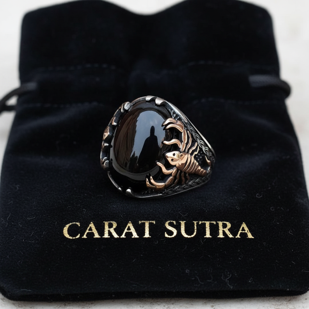 RARE PRINCE by CARAT SUTRA | Unique Turkish Style Scorpion Ring with Natural Black Onyx (Cabochon) | 925 Sterling Silver Oxidized Zodiac Ring | Men's Jewelry | With Certificate of Authenticity and 925 Hallmark