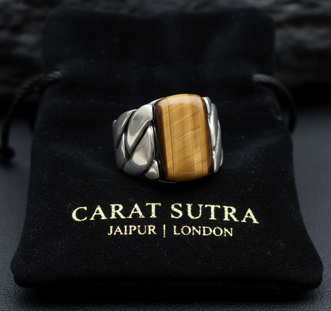 RARE PRINCE by CARAT SUTRA | Unique Turkish Braided Style Ring with Natural Tiger Eye | 925 Sterling Silver Oxidized Ring | Men's Jewelry | With Certificate of Authenticity and 925 Hallmark