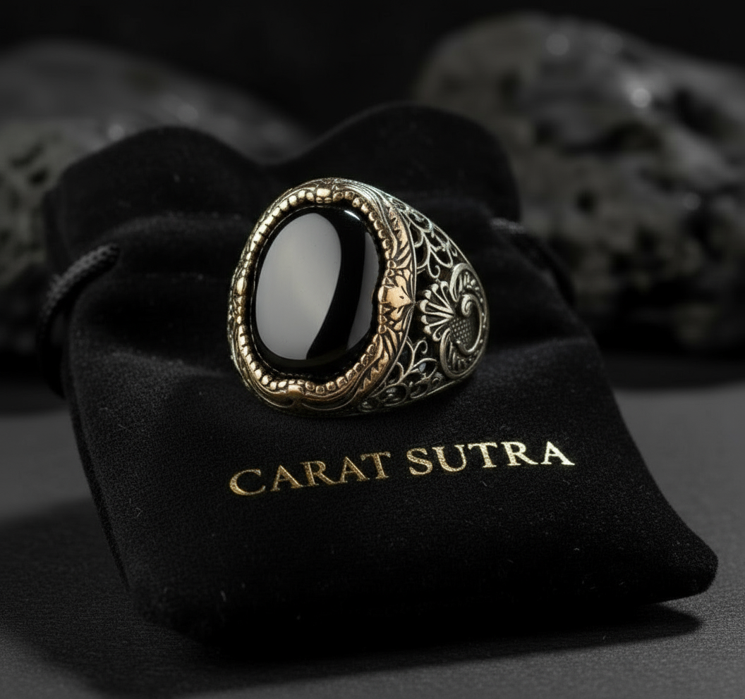 RARE PRINCE by CARAT SUTRA | Unique Turkish Style Ring with Natural Black Onyx | 925 Sterling Silver Oxidized Ring | Men's Jewelry | With Certificate of Authenticity and 925 Hallmark - caratsutra