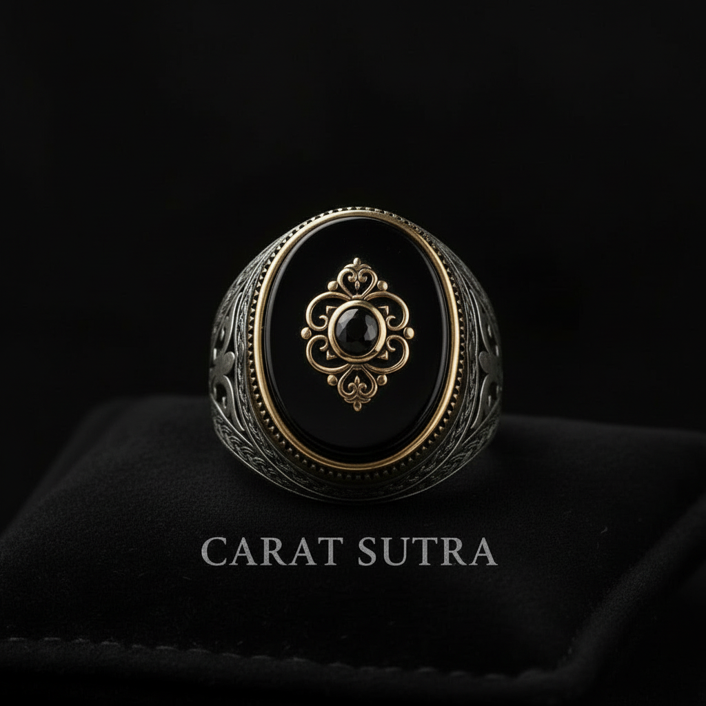 RARE PRINCE by CARAT SUTRA | Unique Turkish Style Ring with Natural Black Onyx | 925 Sterling Silver Oxidized Ring | Men's Jewelry | With Certificate of Authenticity and 925 Hallmark