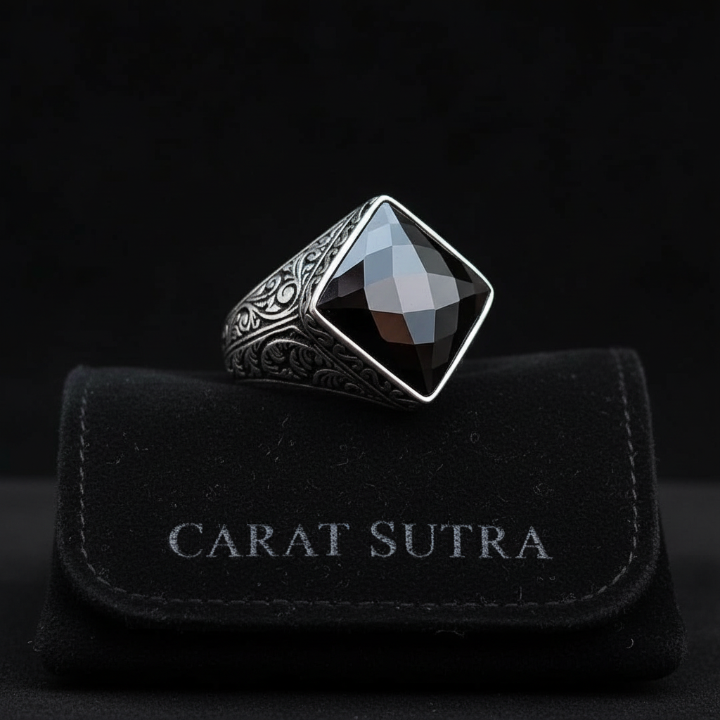 RARE PRINCE by CARAT SUTRA | Unique Turkish Style Ring with Faceted Natural Black Onyx | 925 Sterling Silver Oxidized Ring | Men's Jewelry | With Certificate of Authenticity and 925 Hallmark