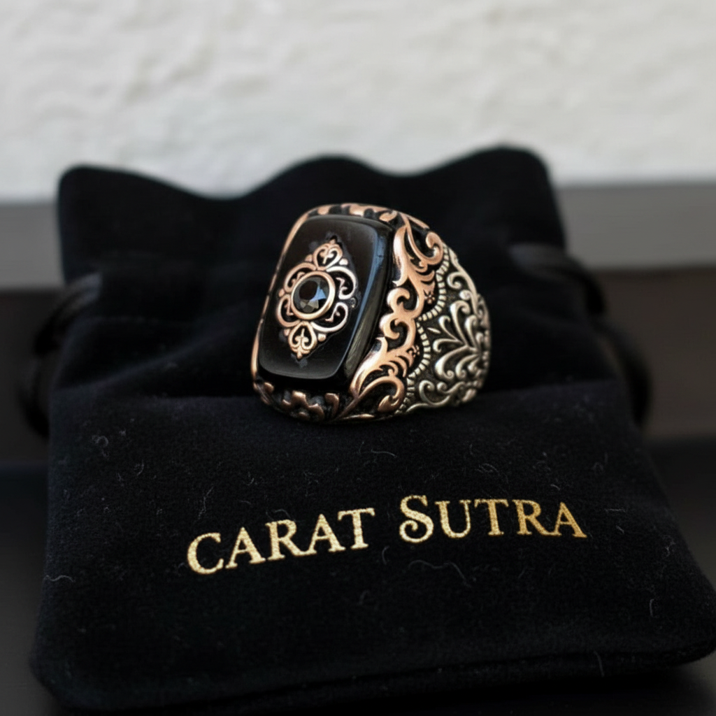 RARE PRINCE by CARAT SUTRA | Unique Turkish Style Ring with Natural Black Onyx | 925 Sterling Silver Oxidized Ring | Men's Jewelry | With Certificate of Authenticity and 925 Hallmark