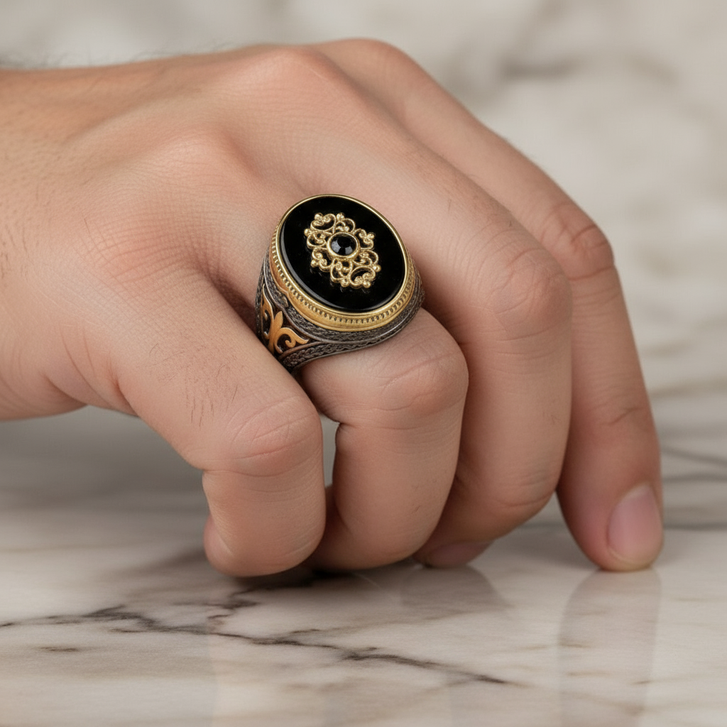 RARE PRINCE by CARAT SUTRA | Unique Turkish Style Ring with Natural Black Onyx | Black Rhodium & Gold Plated 925 Sterling Silver Ring | Men's Jewelry | With Certificate of Authenticity and 925 Hallmark - caratsutra