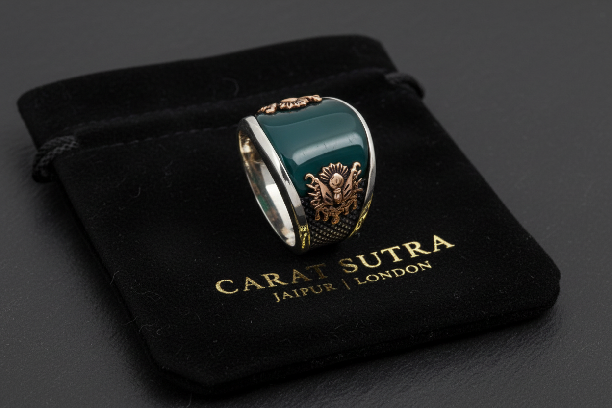 RARE PRINCE by CARAT SUTRA | Unique Turkish Style Curved Ring with Green Onyx | 925 Sterling Silver Oxidized Ring | Men's Jewelry | With Certificate of Authenticity and 925 Hallmark - caratsutra