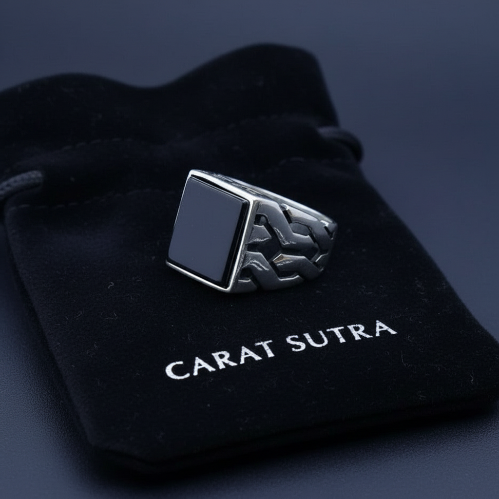 RARE PRINCE by CARAT SUTRA | Unique Turkish Gucci Style Ring with Natural Black Onyx | 925 Sterling Silver Oxidized Ring | Men's Jewelry | With Certificate of Authenticity and 925 Hallmark