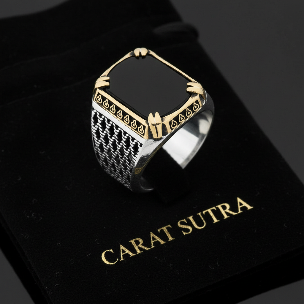 RARE PRINCE by CARAT SUTRA | Unique Turkish Style Ring with Natural Black Onyx | 925 Sterling Silver Oxidized Ring | Men's Jewelry | With Certificate of Authenticity and 925 Hallmark