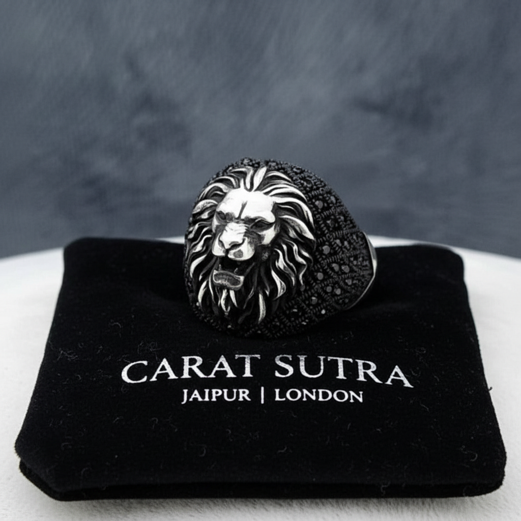 RARE PRINCE by CARAT SUTRA | Unique Turkish Style Oxidized Silver Lion Ring with Black Zircon| 925 Sterling Silver Oxidized Ring | Men's Jewelry | With Certificate of Authenticity and 925 Hallmark - caratsutra
