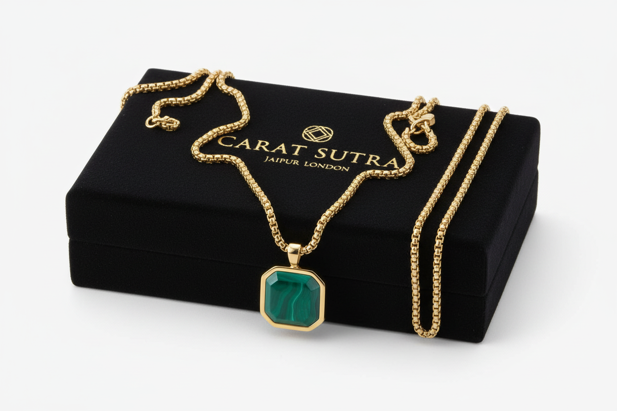 RARE PRINCE by CARAT SUTRA | Unique Designed 22kt Gold Micron Plated Silver Pendant in Natural Malachite for Men, 925 Sterling Silver Pendant | Men's Jewelry | With Certificate of Authenticity and 925 Hallmark - caratsutra