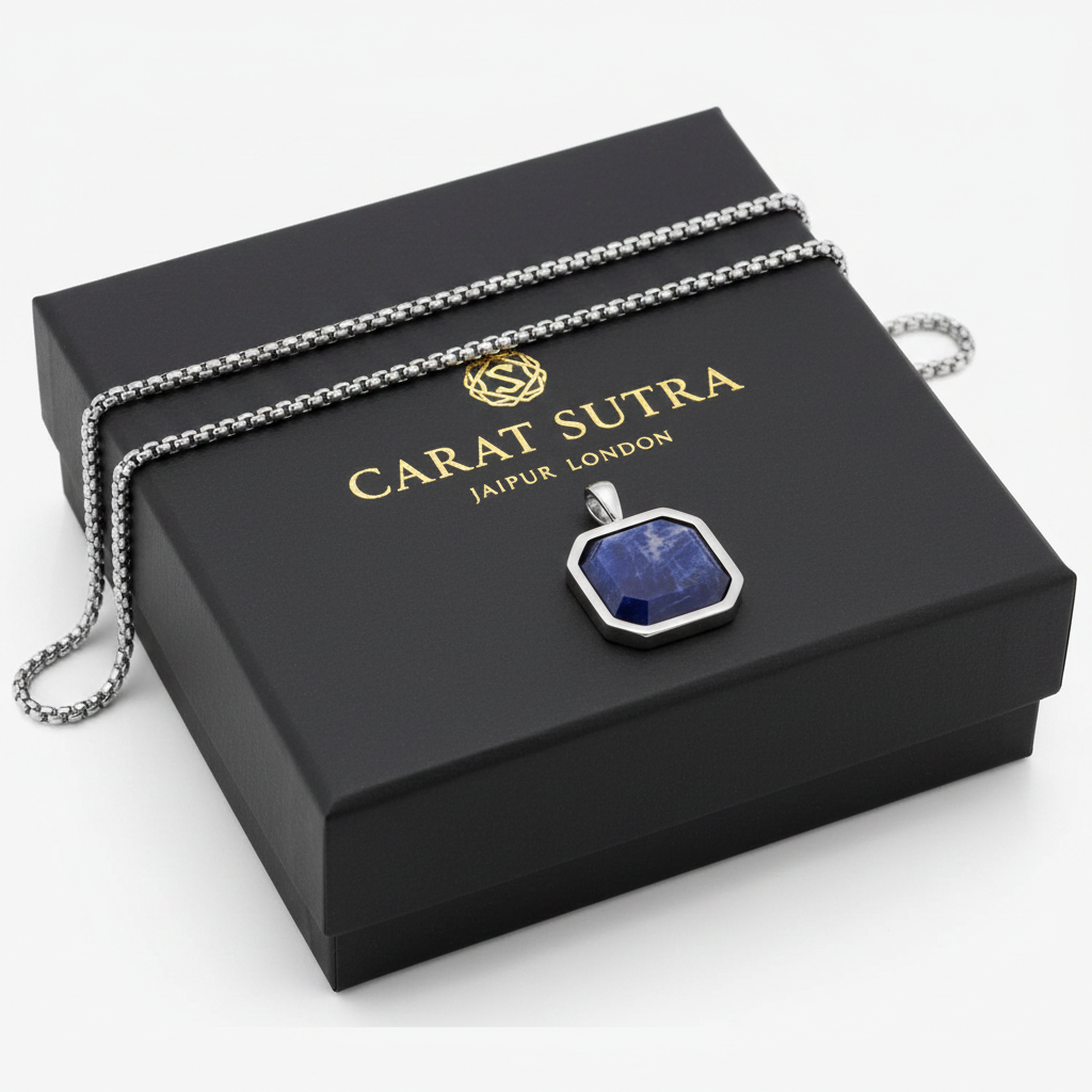 RARE PRINCE by CARAT SUTRA | Unique Designed Silver Pendant in Natural Sodalite for Men, 925 Sterling Silver Pendant | Men's Jewelry | With Certificate of Authenticity and 925 Hallmark - caratsutra