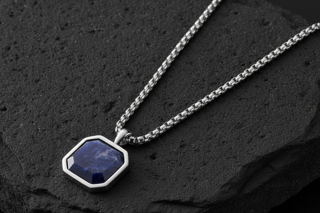 RARE PRINCE by CARAT SUTRA | Unique Designed Silver Pendant in Natural Sodalite for Men, 925 Sterling Silver Pendant | Men's Jewelry | With Certificate of Authenticity and 925 Hallmark - caratsutra