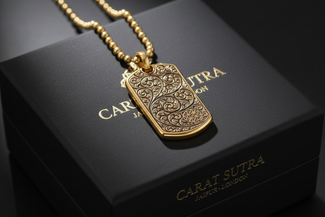 RARE PRINCE by CARAT SUTRA | Unique Samurai Engraved Tag Pendant for Men | 22kt Gold Micron Plated 925 Sterling Silver Pendant | Men's Jewelry | With Certificate of Authenticity and 925 Hallmark - caratsutra