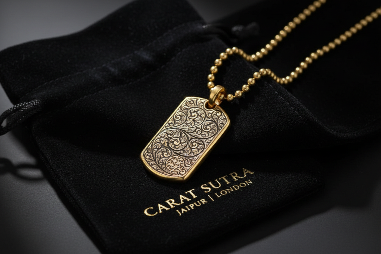 RARE PRINCE by CARAT SUTRA | Unique Samurai Engraved Tag Pendant for Men | 22kt Gold Micron Plated 925 Sterling Silver Pendant | Men's Jewelry | With Certificate of Authenticity and 925 Hallmark - caratsutra