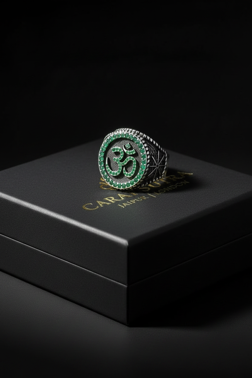 Exclusive Oxidised Signet Style OM Ring studded with Natural Emerald Stone, Sterling Silver 925 Ring | With Certificate of Authenticity and 925 Hallmark