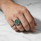 Exclusive Oxidised Signet Style OM Ring studded with Natural Emerald Stone, Sterling Silver 925 Ring | With Certificate of Authenticity and 925 Hallmark