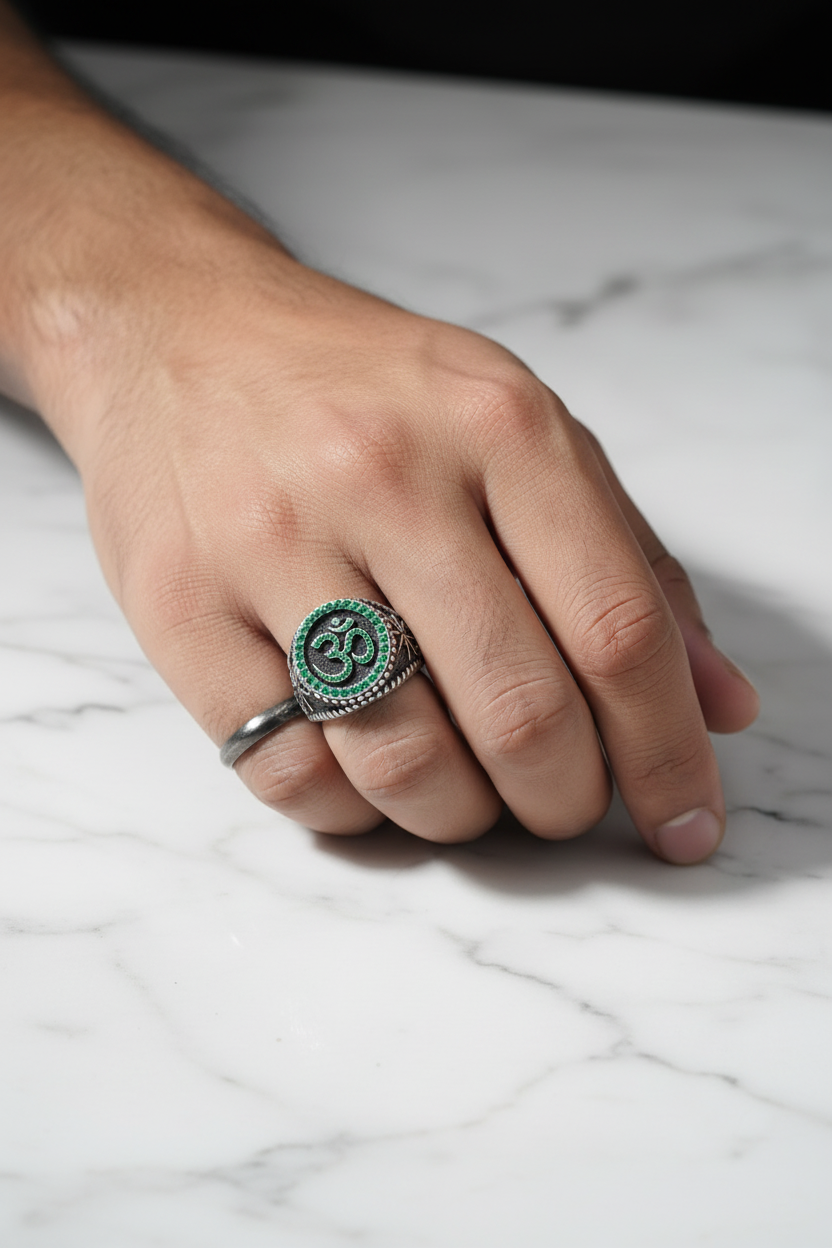 Exclusive Oxidised Signet Style OM Ring studded with Natural Emerald Stone, Sterling Silver 925 Ring | With Certificate of Authenticity and 925 Hallmark