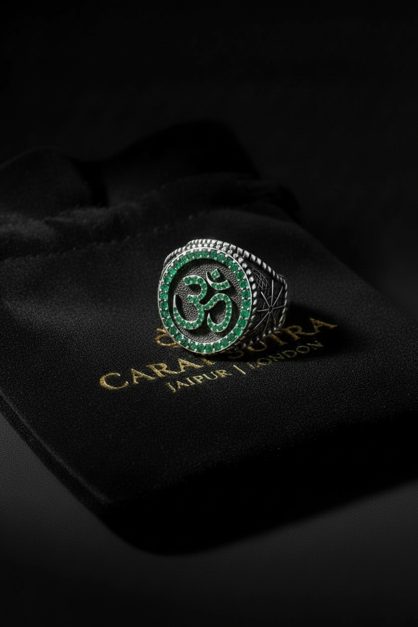 Exclusive Oxidised Signet Style OM Ring studded with Natural Emerald Stone, Sterling Silver 925 Ring | With Certificate of Authenticity and 925 Hallmark