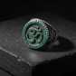Exclusive Oxidised Signet Style OM Ring studded with Natural Emerald Stone, Sterling Silver 925 Ring | With Certificate of Authenticity and 925 Hallmark