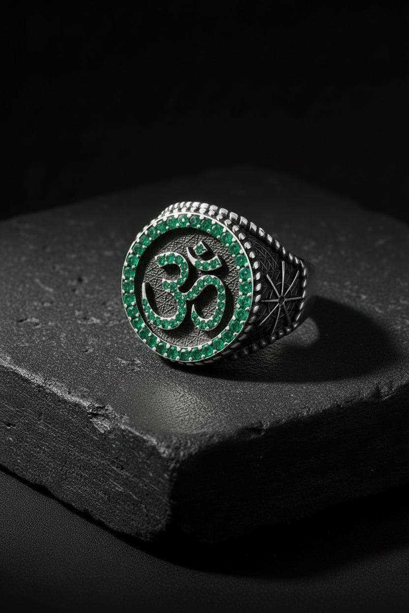 Exclusive Oxidised Signet Style OM Ring studded with Natural Emerald Stone, Sterling Silver 925 Ring | With Certificate of Authenticity and 925 Hallmark