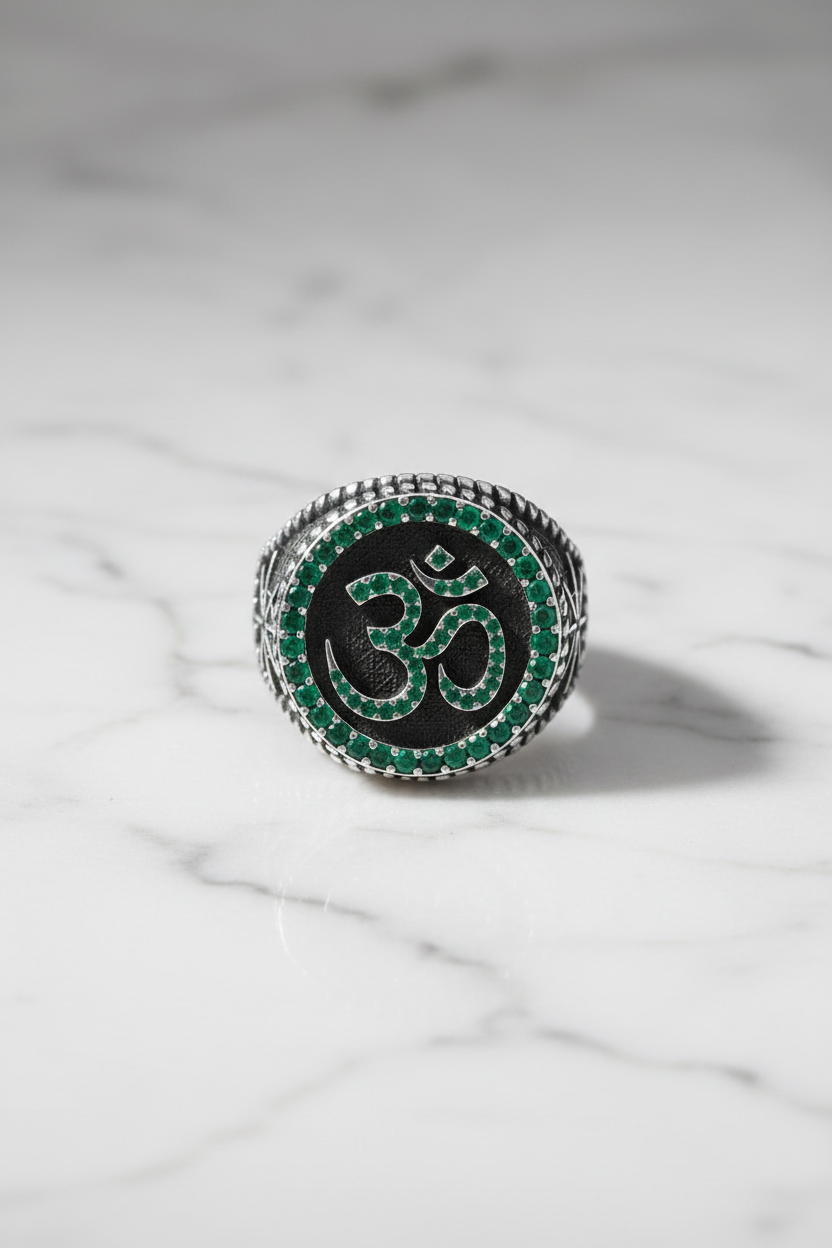 Exclusive Oxidised Signet Style OM Ring studded with Natural Emerald Stone, Sterling Silver 925 Ring | With Certificate of Authenticity and 925 Hallmark