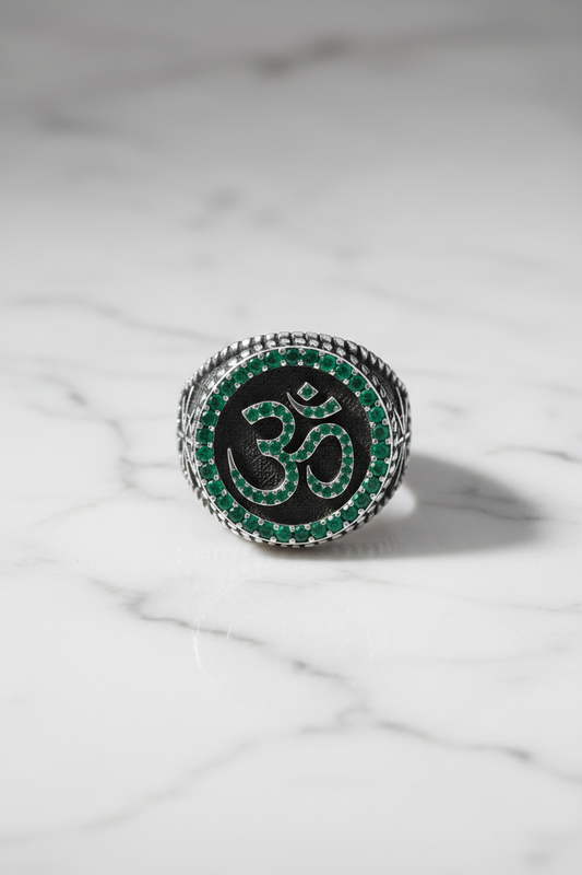 Exclusive Oxidised Signet Style OM Ring studded with Natural Emerald Stone, Sterling Silver 925 Ring | With Certificate of Authenticity and 925 Hallmark