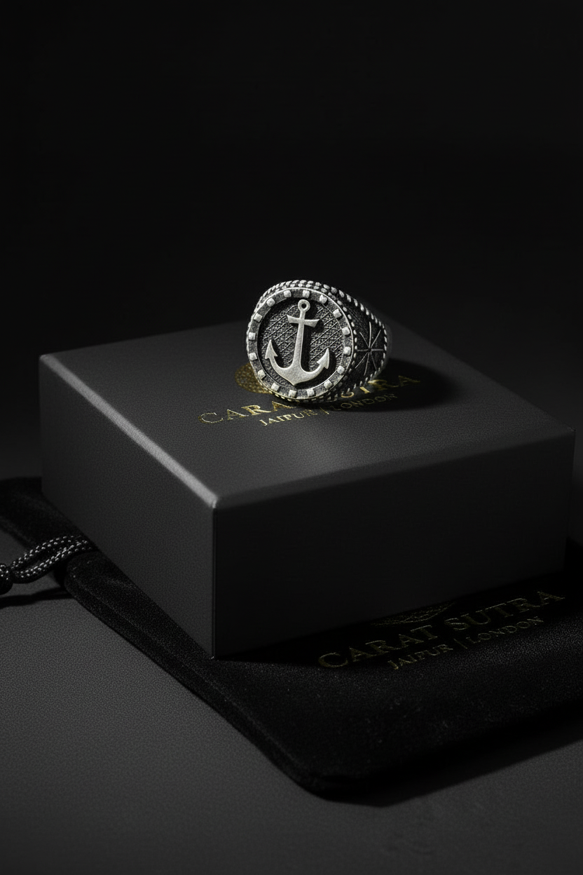 RARE PRINCE by CARAT SUTRA | Exclusive Oxidised Signet Style Sailor's Anchor Ring, Sterling Silver 925 Ring | Jewellery for Men| With Certificate of Authenticity and 925 Hallmark