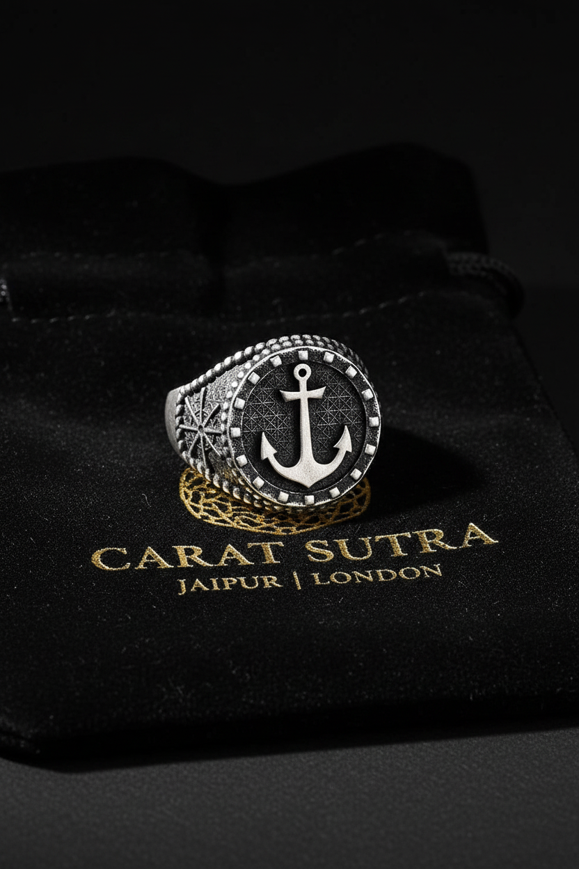 RARE PRINCE by CARAT SUTRA | Exclusive Oxidised Signet Style Sailor's Anchor Ring, Sterling Silver 925 Ring | Jewellery for Men| With Certificate of Authenticity and 925 Hallmark