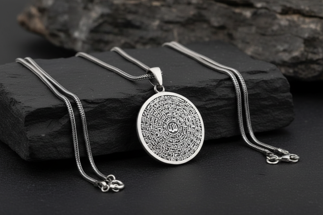 RARE PRINCE by CARAT SUTRA | Unique Designed 99 Names of Allah Engraved Pendant | 925 Sterling Silver Pendant | Men's Jewelry | With Certificate of Authenticity and 925 Hallmark - caratsutra