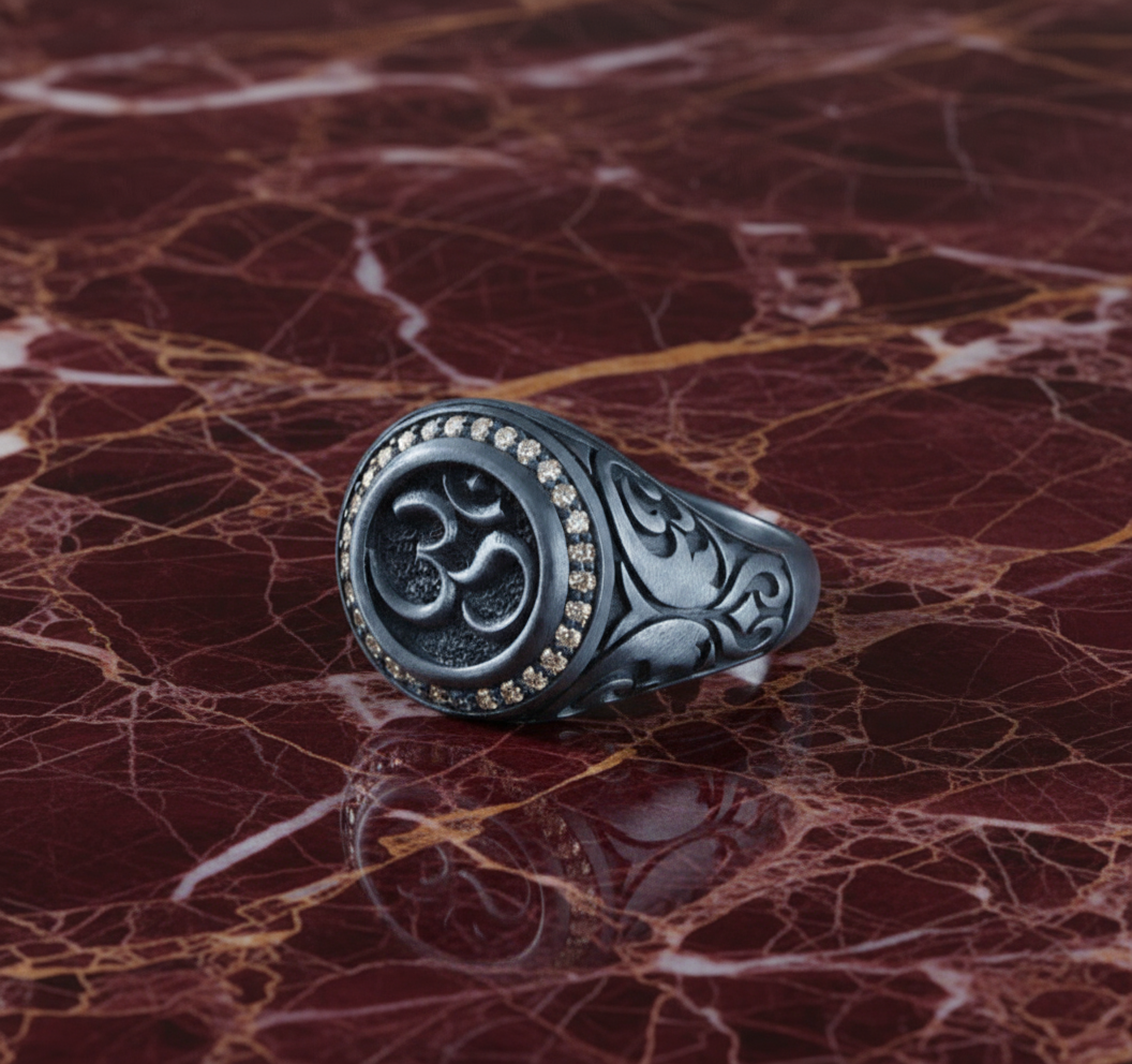 RARE PRINCE by CARAT SUTRA | Exclusive Turkish Style Om Symbol Signet Ring for Men, Oxidized Sterling Silver 925 Ring | Jewellery for Men| With Certificate of Authenticity and 925 Hallmark - caratsutra