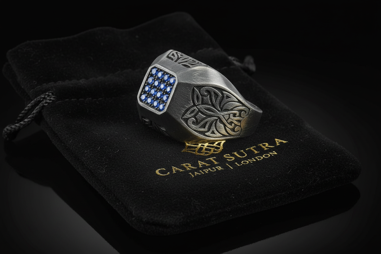 RARE PRINCE by CARAT SUTRA | Exclusive Signet Style Ring Studded with Blue Zircons for Men, Oxidized Sterling Silver 925 Ring | Jewellery for Men| With Certificate of Authenticity and 925 Hallmark - caratsutra