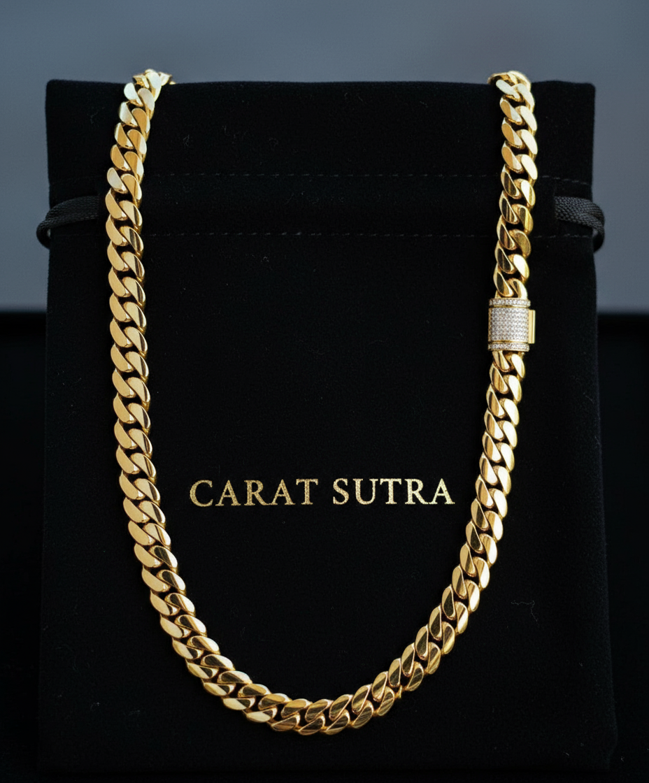 RARE PRINCE by CARAT SUTRA | Solid 14mm Miami Cuban Link Chain with Iced Lock | 22kt Gold Micron Plated on 925 Sterling Silver Chain with AAA+ Quality Swarovski Diamonds | Men's Jewelry | With Certificate of Authenticity and 925 Hallmark - caratsutra